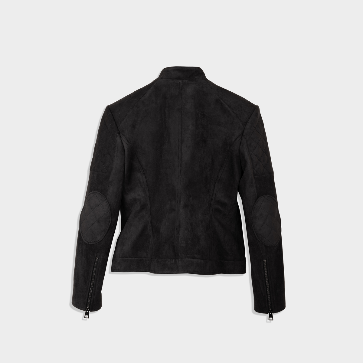Rear view of the Diva biker jacket showing the tapered waist and signature quilted panels in black technical suede