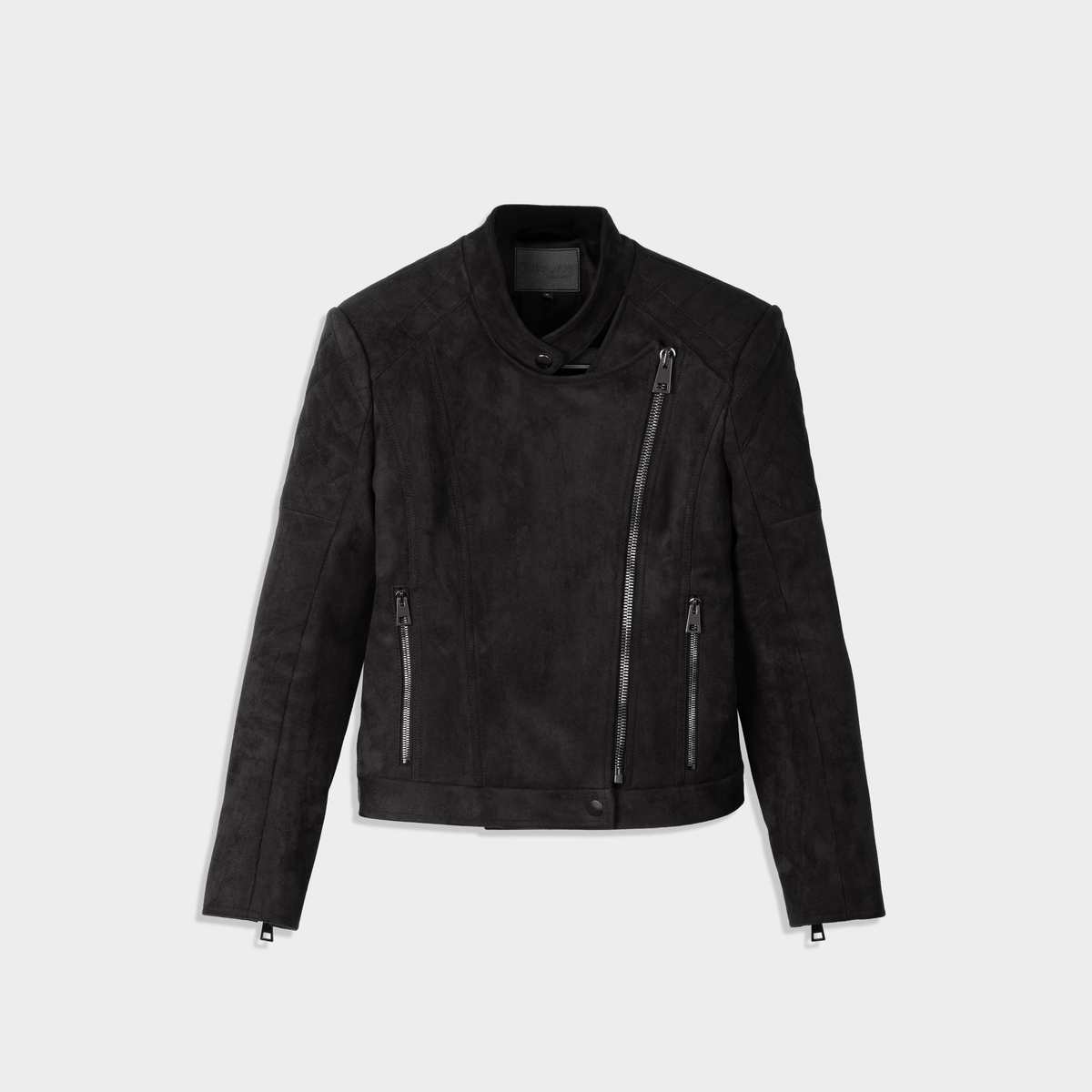 Front view of the Diva biker jacket in premium black technical suede, featuring a snap-tab collar and gunmetal zipper details