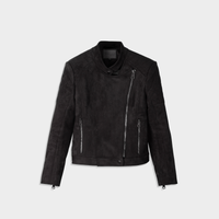 Front view of the Diva biker jacket in premium black technical suede, featuring a snap-tab collar and gunmetal zipper details